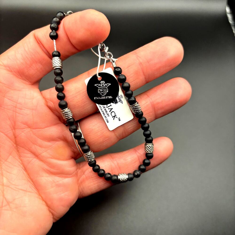 Blackjack BJS37BON Mens Genuine Onyx Stainless Steel Beaded Bracelet NIBWT - Picture 3 of 17